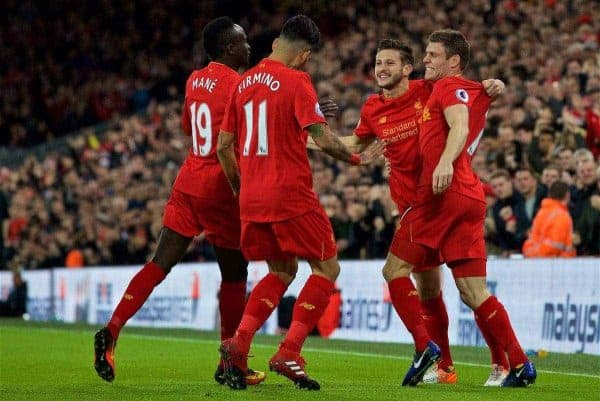 LIVERPOOL, ENGLAND - Sunday, December 11, 2016: Liverpool's Adam Lallana celebrates scoring the first goal against West Ham United during the FA Premier League match at Anfield. (Pic by David Rawcliffe/Propaganda)