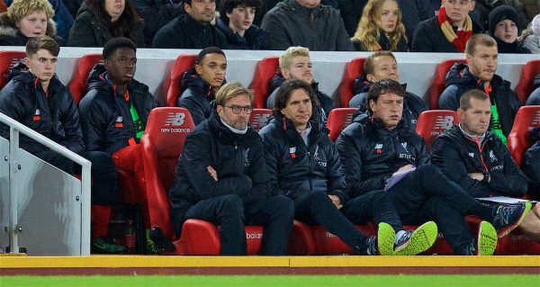 LIVERPOOL, ENGLAND - Sunday, December 11, 2016: Liverpool's manager Jürgen Klopp looks dejected on the bench with assistant manager Zeljko Buvac and head of sports medicine and first team coach Peter Krawietz during the FA Premier League match against West Ham United at Anfield. (Pic by David Rawcliffe/Propaganda)