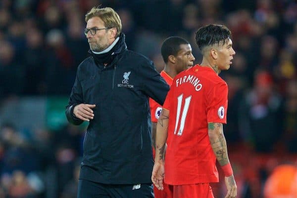 LIVERPOOL, ENGLAND - Sunday, December 11, 2016: Liverpool's manager Jürgen Klopp and Roberto Firmino after the 2-2 home draw with West Ham United during the FA Premier League match at Anfield. (Pic by David Rawcliffe/Propaganda)