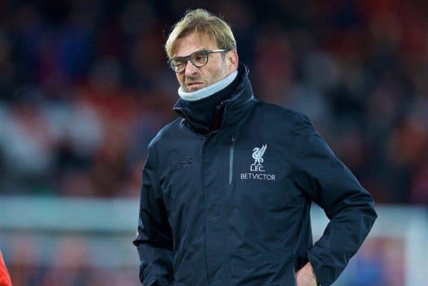 LIVERPOOL, ENGLAND - Sunday, December 11, 2016: Liverpool's manager Jürgen Klopp before the 2-2 draw with West Ham United in the FA Premier League match at Anfield. (Pic by David Rawcliffe/Propaganda)