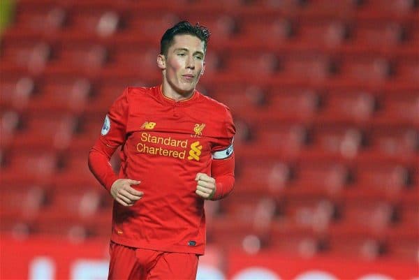 LIVERPOOL, ENGLAND - Monday, December 12, 2016: Liverpool's captain Harry Wilson celebrates scoring the second goal against Arsenal from the penalty spot during FA Premier League 2 Division 1 Under-23 match at Anfield. (Pic by David Rawcliffe/Propaganda)