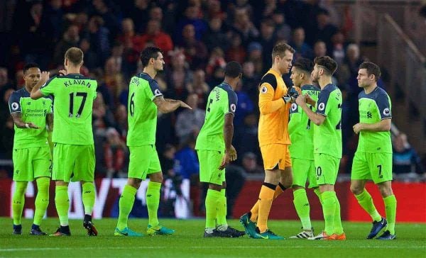 MIDDLESBROUGH, ENGLAND - Wednesday, December 14, 2016: Liverpool's goalkeeper Simon Mignolet fist bumps Adam Lallana before the FA Premier League match against Middlesbrough at the Riverside Stadium. (Pic by David Rawcliffe/Propaganda)