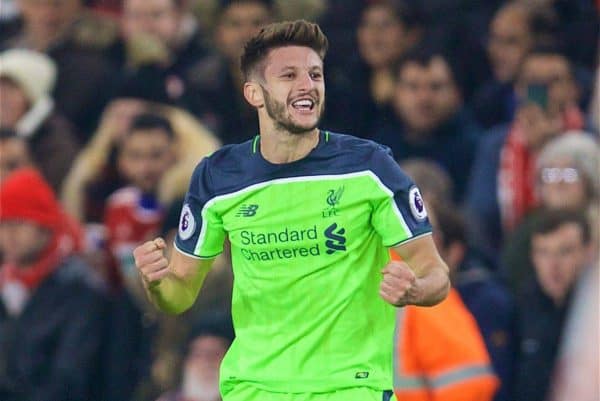 MIDDLESBROUGH, ENGLAND - Wednesday, December 14, 2016: Liverpool's Adam Lallana celebrates scoring the first goal against Middlesbrough during the FA Premier League match at the Riverside Stadium. (Pic by David Rawcliffe/Propaganda)