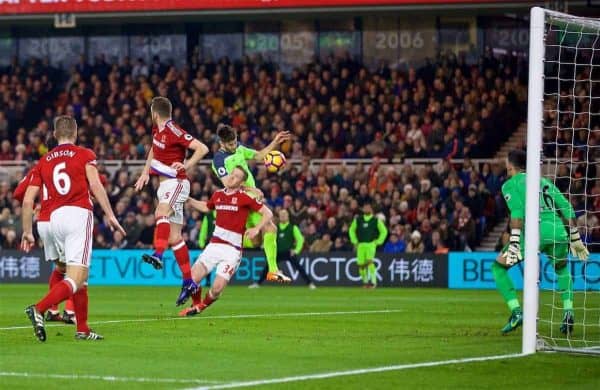 MIDDLESBROUGH, ENGLAND - Wednesday, December 14, 2016: Liverpool's Adam Lallana scores the first goal against Middlesbrough during the FA Premier League match at the Riverside Stadium. (Pic by David Rawcliffe/Propaganda)