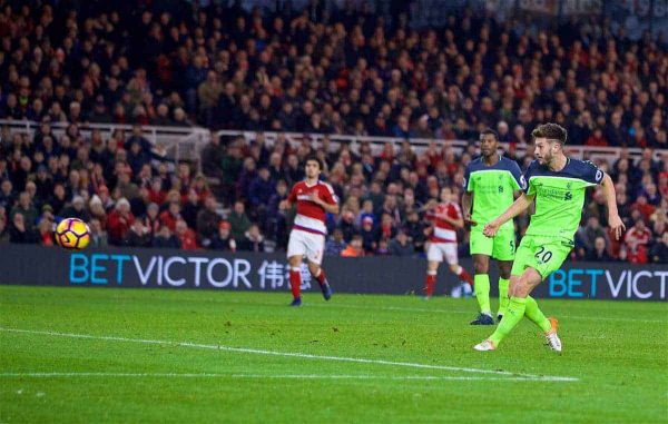 MIDDLESBROUGH, ENGLAND - Wednesday, December 14, 2016: Liverpool's Adam Lallana scores the third goal against Middlesbrough during the FA Premier League match at the Riverside Stadium. (Pic by David Rawcliffe/Propaganda)