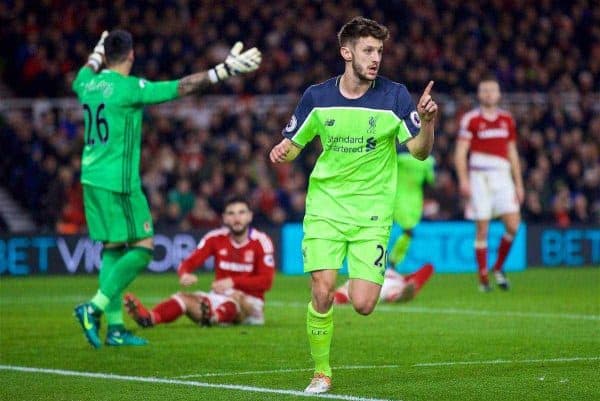 MIDDLESBROUGH, ENGLAND - Wednesday, December 14, 2016: Liverpool's Adam Lallana celebrates scoring the third goal against Middlesbrough during the FA Premier League match at the Riverside Stadium. (Pic by David Rawcliffe/Propaganda)