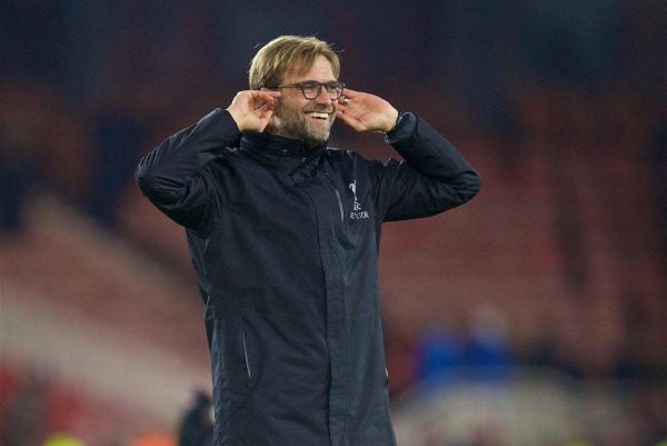 MIDDLESBROUGH, ENGLAND - Wednesday, December 14, 2016: Liverpool's manager Jürgen Klopp celebrates the 3-1 victory over Middlesbrough during the FA Premier League match at the Riverside Stadium. (Pic by David Rawcliffe/Propaganda)