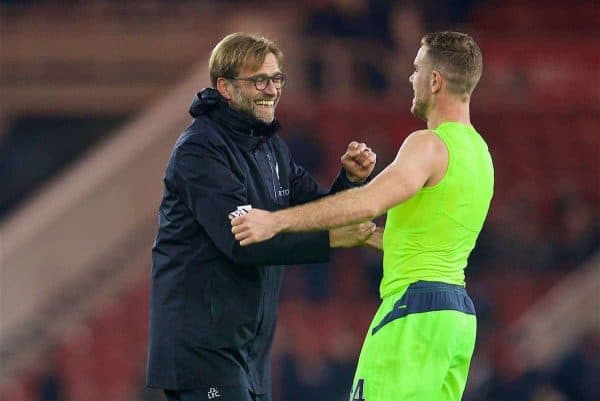 MIDDLESBROUGH, ENGLAND - Wednesday, December 14, 2016: Liverpool's manager Jürgen Klopp celebrates the 3-1 victory over Middlesbrough with captain Jordan Henderson during the FA Premier League match at the Riverside Stadium. (Pic by David Rawcliffe/Propaganda)