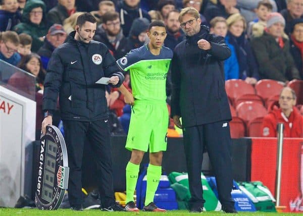 MIDDLESBROUGH, ENGLAND - Wednesday, December 14, 2016: Liverpool's manager Jürgen Klopp prepares to bring on substitute Trent Alexander-Arnold during the FA Premier League match against Middlesbrough at the Riverside Stadium. (Pic by David Rawcliffe/Propaganda)