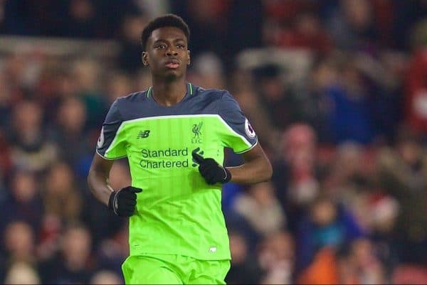 MIDDLESBROUGH, ENGLAND - Wednesday, December 14, 2016: Liverpool's substitute Oviemuno Ovie Ejaria in action against Middlesbrough during the FA Premier League match at the Riverside Stadium. (Pic by David Rawcliffe/Propaganda)