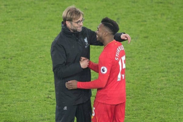 LIVERPOOL, ENGLAND - Monday, December 19, 2016: A Liverpool's Daniel Sturridge celebrates with his Manager Jürgen Klopp after game against Everton in the FA Premier League match, the 227th Merseyside Derby, at Goodison Park. (Pic by Gavin Trafford/Propaganda)