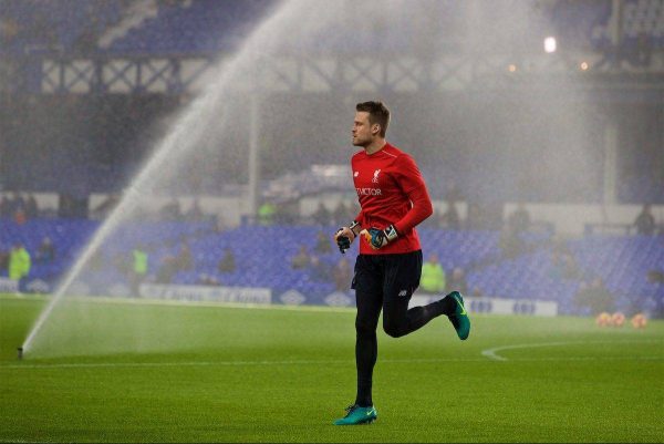 LIVERPOOL, ENGLAND - Monday, December 19, 2016: Liverpool's goalkeeper Simon Mignolet warms-up before the FA Premier League match against Everton, the 227th Merseyside Derby, at Goodison Park. (Pic by David Rawcliffe/Propaganda)