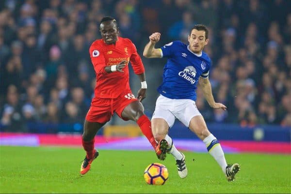 LIVERPOOL, ENGLAND - Monday, December 19, 2016: Liverpool's Sadio Mane in action against Everton's Leighton Baines during the FA Premier League match, the 227th Merseyside Derby, at Goodison Park. (Pic by David Rawcliffe/Propaganda)