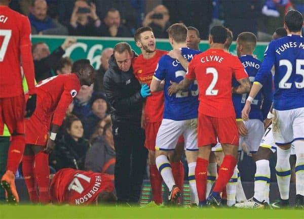 LIVERPOOL, ENGLAND - Monday, December 19, 2016: Liverpool's Adam Lallana clashes with Everton's Seamus Coleman during the FA Premier League match, the 227th Merseyside Derby, at Goodison Park. (Pic by David Rawcliffe/Propaganda)