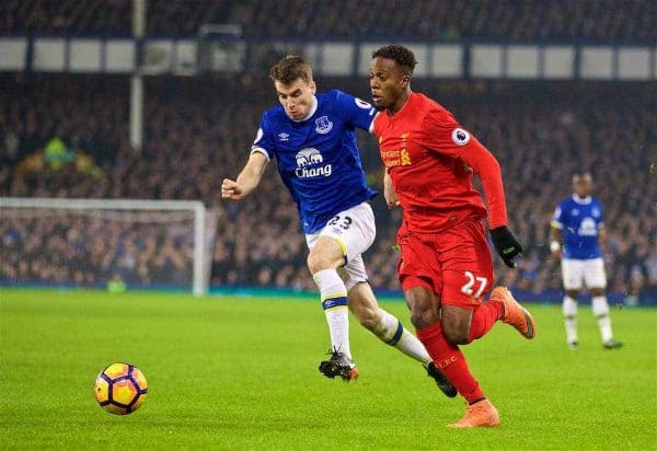 LIVERPOOL, ENGLAND - Monday, December 19, 2016: Liverpool's Divock Origi in action against Everton's Seamus Coleman during the FA Premier League match, the 227th Merseyside Derby, at Goodison Park. (Pic by David Rawcliffe/Propaganda)