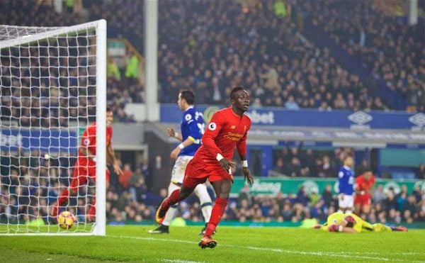 LIVERPOOL, ENGLAND - Monday, December 19, 2016: Liverpool's Sadio Mane celebrates scoring the winning goal against Everton in injury time during the FA Premier League match, the 227th Merseyside Derby, at Goodison Park. (Pic by David Rawcliffe/Propaganda)