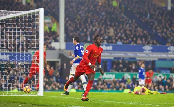 LIVERPOOL, ENGLAND - Monday, December 19, 2016: Liverpool's Sadio Mane celebrates scoring the winning goal against Everton in injury time during the FA Premier League match, the 227th Merseyside Derby, at Goodison Park. (Pic by David Rawcliffe/Propaganda)