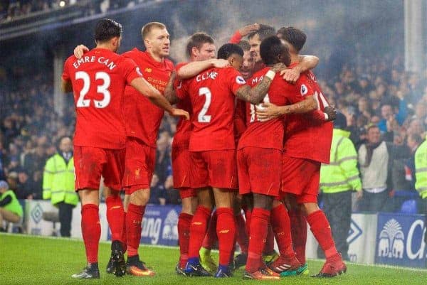 LIVERPOOL, ENGLAND - Monday, December 19, 2016: Liverpool's Sadio Mane celebrates scoring the winning goal against Everton in injury time during the FA Premier League match, the 227th Merseyside Derby, at Goodison Park. (Pic by David Rawcliffe/Propaganda)