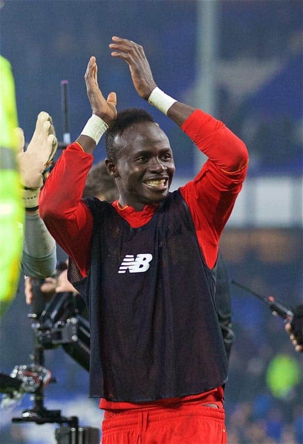 LIVERPOOL, ENGLAND - Monday, December 19, 2016: Liverpool's goal-scoring match-winner Sadio Mane celebrates after the 1-0 victory over Everton during the FA Premier League match, the 227th Merseyside Derby, at Goodison Park. (Pic by David Rawcliffe/Propaganda)