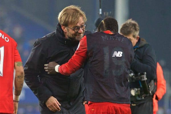 LIVERPOOL, ENGLAND - Monday, December 19, 2016: Liverpool's manager Jürgen Klopp celebrates with match-winning goal-scorer Sadio Mane after the late 1-0 victory over Everton the FA Premier League match, the 227th Merseyside Derby, at Goodison Park. (Pic by David Rawcliffe/Propaganda)