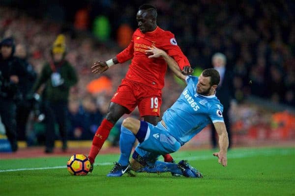 LIVERPOOL, ENGLAND - Tuesday, December 27, 2016: Liverpool's Sadio Mane in action against Stoke City's Erik Pieters during the FA Premier League match at Anfield. (Pic by David Rawcliffe/Propaganda)