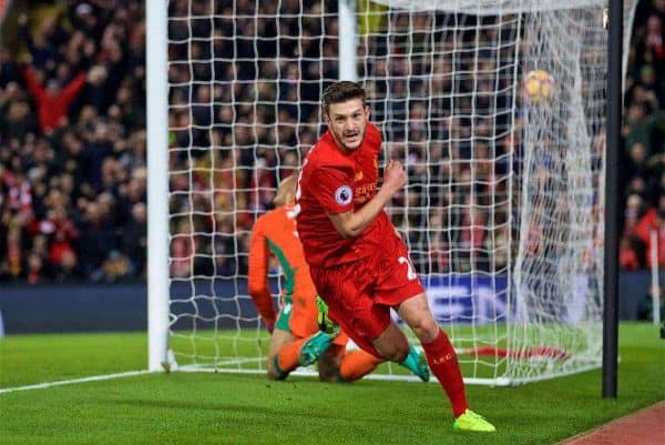 LIVERPOOL, ENGLAND - Tuesday, December 27, 2016: Liverpool's Adam Lallana celebrates scoring the first equalising goal against Stoke City during the FA Premier League match at Anfield. (Pic by David Rawcliffe/Propaganda)