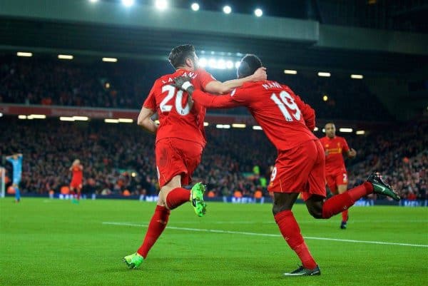 LIVERPOOL, ENGLAND - Tuesday, December 27, 2016: Liverpool's Adam Lallana celebrates scoring the first equalising goal against Stoke City during the FA Premier League match at Anfield. (Pic by David Rawcliffe/Propaganda)