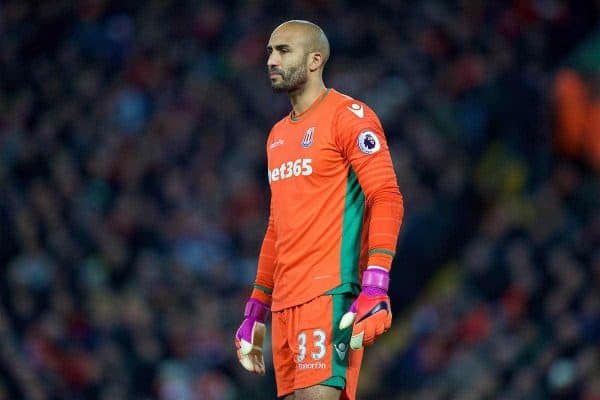 LIVERPOOL, ENGLAND - Tuesday, December 27, 2016: Stoke City's Lee Grant in action against Liverpool during the FA Premier League match at Anfield. (Pic by David Rawcliffe/Propaganda)