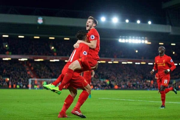 LIVERPOOL, ENGLAND - Tuesday, December 27, 2016: Liverpool's Roberto Firmino celebrates scoring the second goal against Stoke City during the FA Premier League match at Anfield. (Pic by David Rawcliffe/Propaganda)