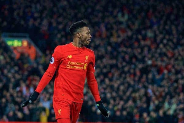 LIVERPOOL, ENGLAND - Tuesday, December 27, 2016: Liverpool's Daniel Sturridge celebrates scoring the fourth goal against Stoke City during the FA Premier League match at Anfield. (Pic by David Rawcliffe/Propaganda)