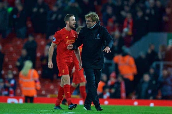 LIVERPOOL, ENGLAND - Tuesday, December 27, 2016: Liverpool's manager Jürgen Klopp and captain Jordan Henderson celebrate after the 4-1 victory over Stoke City during the FA Premier League match at Anfield. (Pic by David Rawcliffe/Propaganda)