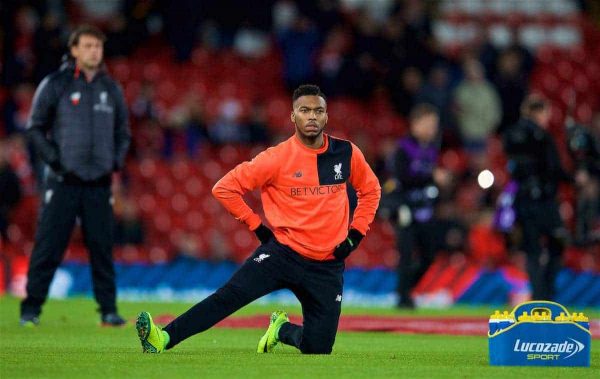 LIVERPOOL, ENGLAND - Saturday, December 31, 2016: Liverpool's substitute Daniel Sturridge warms-up before the FA Premier League match against Manchester City at Anfield. (Pic by David Rawcliffe/Propaganda)