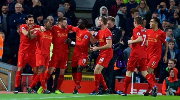 LIVERPOOL, ENGLAND - Saturday, December 31, 2016: Liverpool's Georginio Wijnaldum celebrates scoring the first goal against Manchester City during the FA Premier League match at Anfield. (Pic by David Rawcliffe/Propaganda)