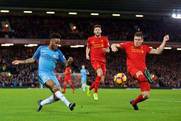 LIVERPOOL, ENGLAND - Saturday, December 31, 2016: Manchester City's Raheem Sterling and Liverpool's James Milner during the FA Premier League match at Anfield. (Pic by David Rawcliffe/Propaganda)