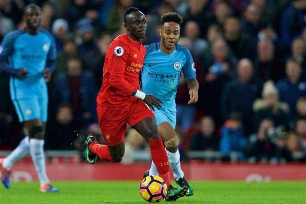 LIVERPOOL, ENGLAND - Saturday, December 31, 2016: Liverpool's Sadio Mane in action against Manchester City during the FA Premier League match at Anfield. (Pic by David Rawcliffe/Propaganda)