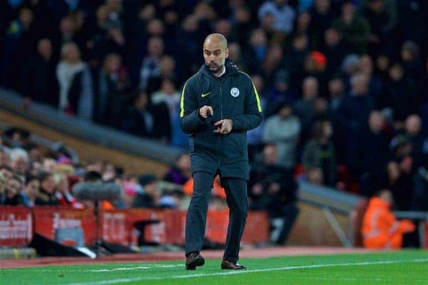 LIVERPOOL, ENGLAND - Saturday, December 31, 2016: Manchester City's manager Pep Guardiola during the FA Premier League match against Liverpool at Anfield. (Pic by David Rawcliffe/Propaganda)