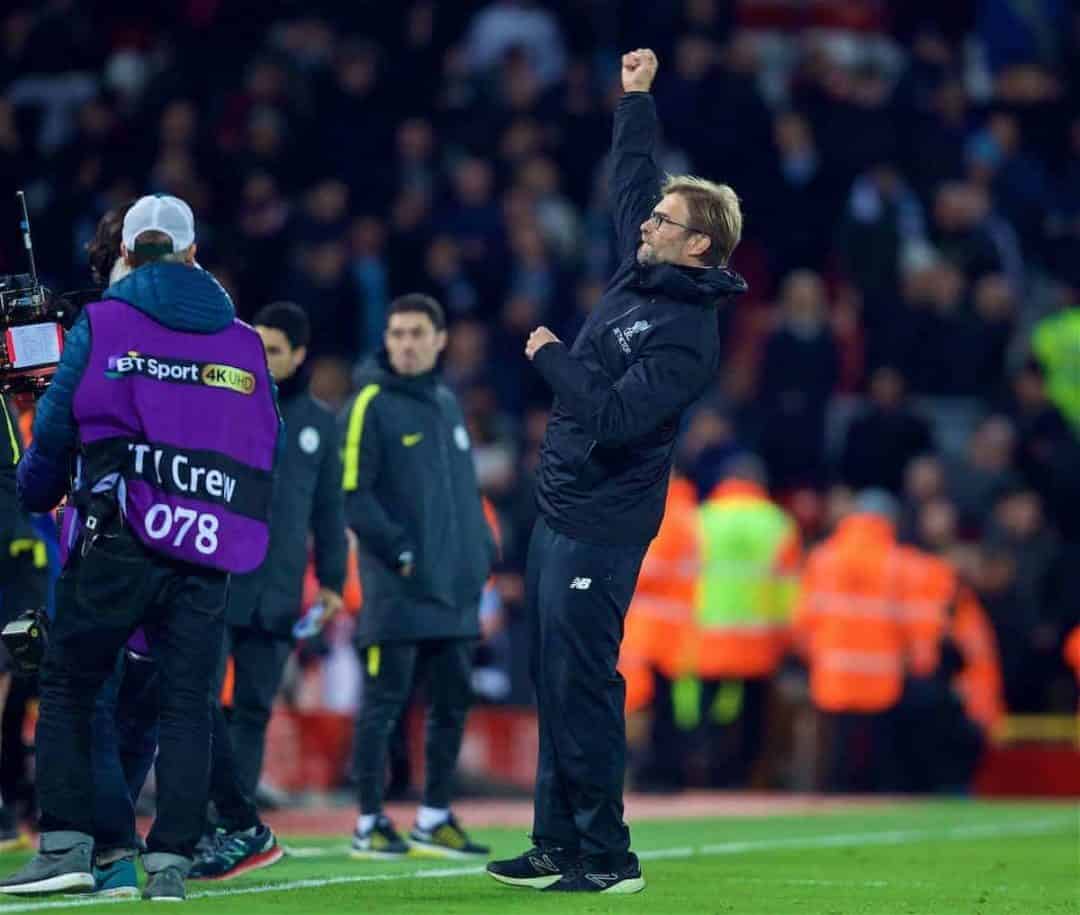 LIVERPOOL, ENGLAND - Saturday, December 31, 2016: Liverpool's manager Jürgen Klopp celebrates at the final whistle after his side beat Manchester City 1-0 during the FA Premier League match at Anfield. (Pic by David Rawcliffe/Propaganda)