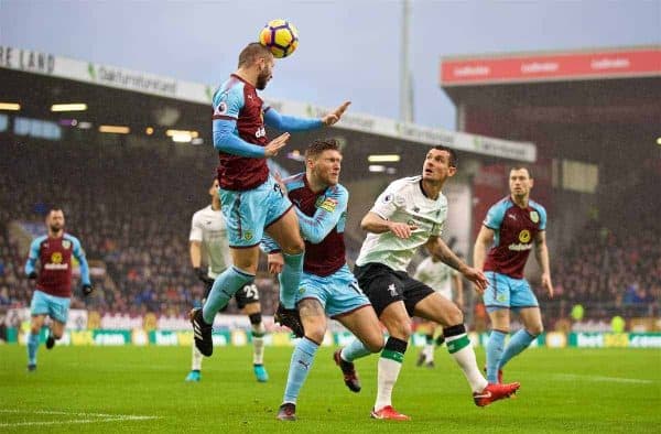 LIVERPOOL, ENGLAND - Saturday, December 30, 2017: Liverpool's Dejan Lovren and Burnley's Phil Bardsley during the FA Premier League match between Liverpool and Leicester City at Anfield. (Pic by David Rawcliffe/Propaganda)