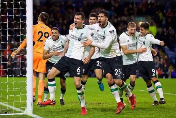 LIVERPOOL, ENGLAND - Saturday, December 30, 2017: Liverpool's Ragnar Klavan celebrates scoring the winning second goal with a header with team-mates Trent Alexander-Arnold, Dominic Solanke, Dejan Lovren and Emre Can during the FA Premier League match between Liverpool and Leicester City at Anfield. (Pic by David Rawcliffe/Propaganda)