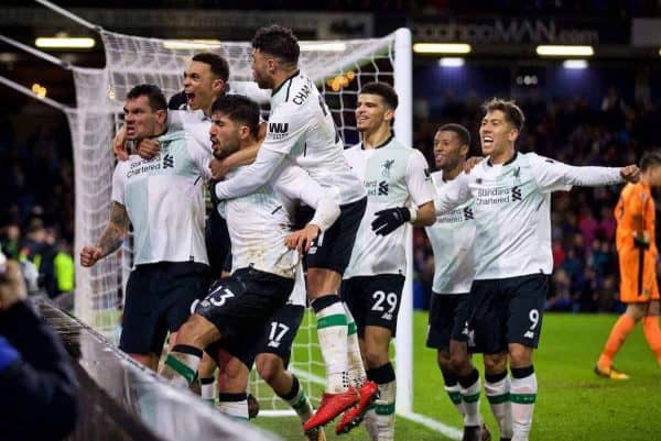 LIVERPOOL, ENGLAND - Saturday, December 30, 2017: Liverpool's Ragnar Klavan [hidden] celebrates scoring the winning second goal with a header with team-mates Trent Alexander-Arnold, Dominic Solanke, Dejan Lovren and Emre Can during the FA Premier League match between Liverpool and Leicester City at Anfield. (Pic by David Rawcliffe/Propaganda)