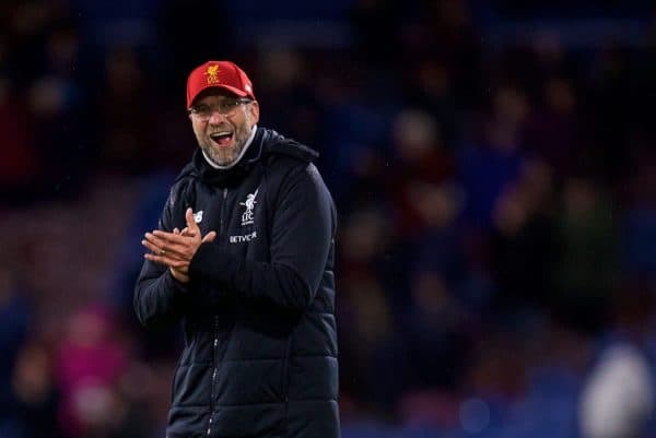 LIVERPOOL, ENGLAND - Saturday, December 30, 2017: Liverpool's manager Jürgen Klopp celebrates his side's late 2-1 victory over Burnley during the FA Premier League match between Liverpool and Leicester City at Anfield. (Pic by David Rawcliffe/Propaganda)