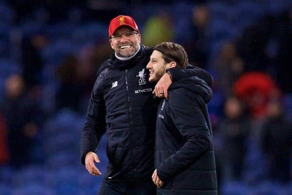 LIVERPOOL, ENGLAND - Saturday, December 30, 2017: Liverpool's manager Jürgen Klopp celebrates his side's late 2-1 victory over Burnley with Adam Lallana during the FA Premier League match between Liverpool and Leicester City at Anfield. (Pic by David Rawcliffe/Propaganda)