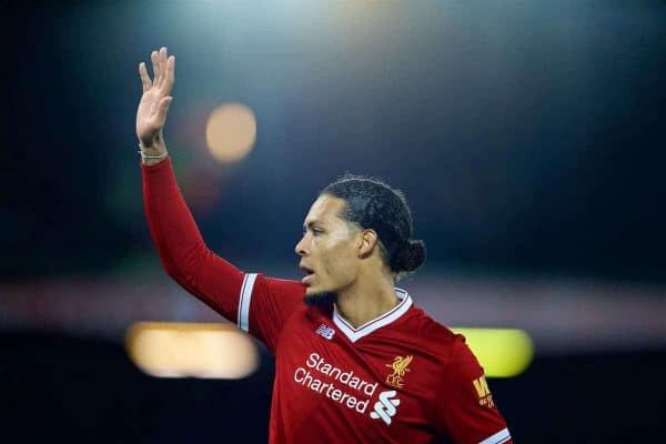 LIVERPOOL, ENGLAND - Friday, January 5, 2018: Liverpool's new signing Virgil van Dijk, who joined from Southampton for £75m, a world record for a defender, during the FA Cup 3rd Round match between Liverpool FC and Everton FC, the 230th Merseyside Derby, at Anfield. (Pic by David Rawcliffe/Propaganda)