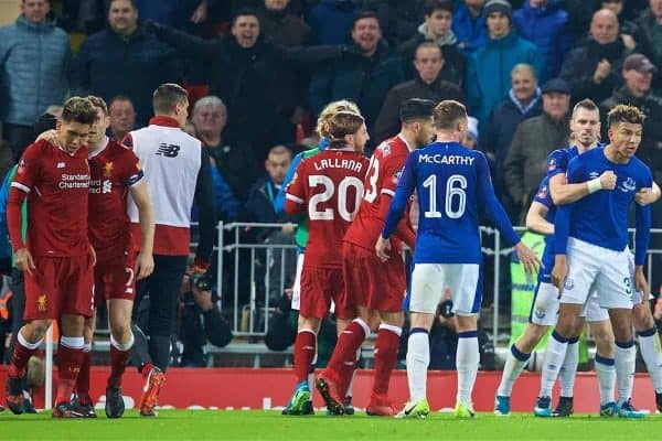 LIVERPOOL, ENGLAND - Friday, January 5, 2018: Everton's Mason Holgate is restrained by team-mates after pushing Liverpool's Roberto Firmino into the crowd during the FA Cup 3rd Round match between Liverpool FC and Everton FC, the 230th Merseyside Derby, at Anfield. (Pic by David Rawcliffe/Propaganda)