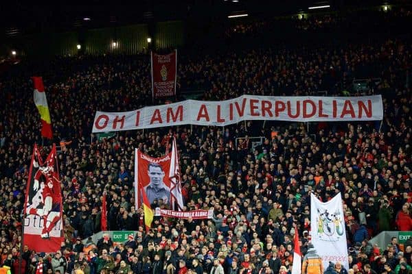 LIVERPOOL, ENGLAND - Friday, January 5, 2018: Liverpool supporters' banner "Oh I Am A Liverpudlian" during the FA Cup 3rd Round match between Liverpool FC and Everton FC, the 230th Merseyside Derby, at Anfield. (Pic by David Rawcliffe/Propaganda)