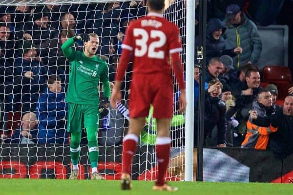 LIVERPOOL, ENGLAND - Friday, January 5, 2018: Liverpool's goalkeeper Loris Karius looks dejected as Everton score an equalising goal during the FA Cup 3rd Round match between Liverpool FC and Everton FC, the 230th Merseyside Derby, at Anfield. (Pic by David Rawcliffe/Propaganda)