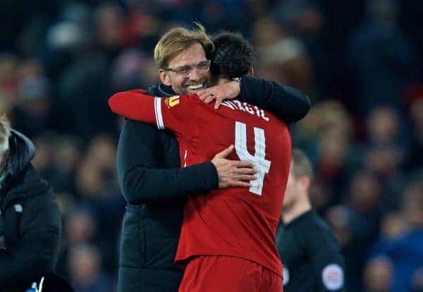 LIVERPOOL, ENGLAND - Friday, January 5, 2018: Liverpool's match winning goal-scorer Virgil van Dijk celebrates with manager Jürgen Klopp after the 2-1 victory over Everton during the FA Cup 3rd Round match between Liverpool FC and Everton FC, the 230th Merseyside Derby, at Anfield. (Pic by David Rawcliffe/Propaganda)