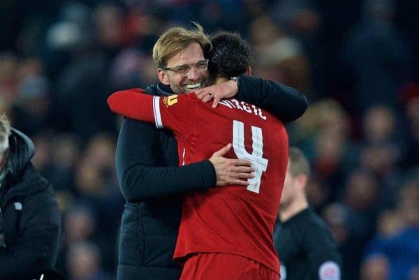 LIVERPOOL, ENGLAND - Friday, January 5, 2018: Liverpool's match winning goal-scorer Virgil van Dijk celebrates with manager Jürgen Klopp after the 2-1 victory over Everton during the FA Cup 3rd Round match between Liverpool FC and Everton FC, the 230th Merseyside Derby, at Anfield. (Pic by David Rawcliffe/Propaganda)