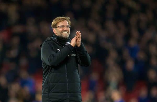 LIVERPOOL, ENGLAND - Friday, January 5, 2018: Liverpool's manager Jürgen Klopp celebrates after the 2-1 victory over Everton during the FA Cup 3rd Round match between Liverpool FC and Everton FC, the 230th Merseyside Derby, at Anfield. (Pic by David Rawcliffe/Propaganda)