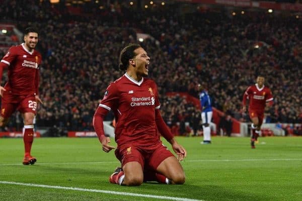 LIVERPOOL, ENGLAND - Friday, January 5, 2018: Liverpool's Virgil van Dijk celebrates scoring the winning goal at the Kop end to seal a 2-1 victory over Everton on his debut during the FA Cup 3rd Round match between Liverpool FC and Everton FC, the 230th Merseyside Derby, at Anfield. (Pic by David Rawcliffe/Propaganda)